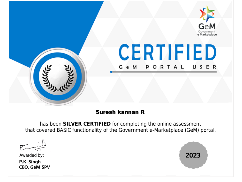 GeM Portal Silver Certification awarded to Suresh Kannan R by P.K. Singh, CEO, GeM SPV, 2023